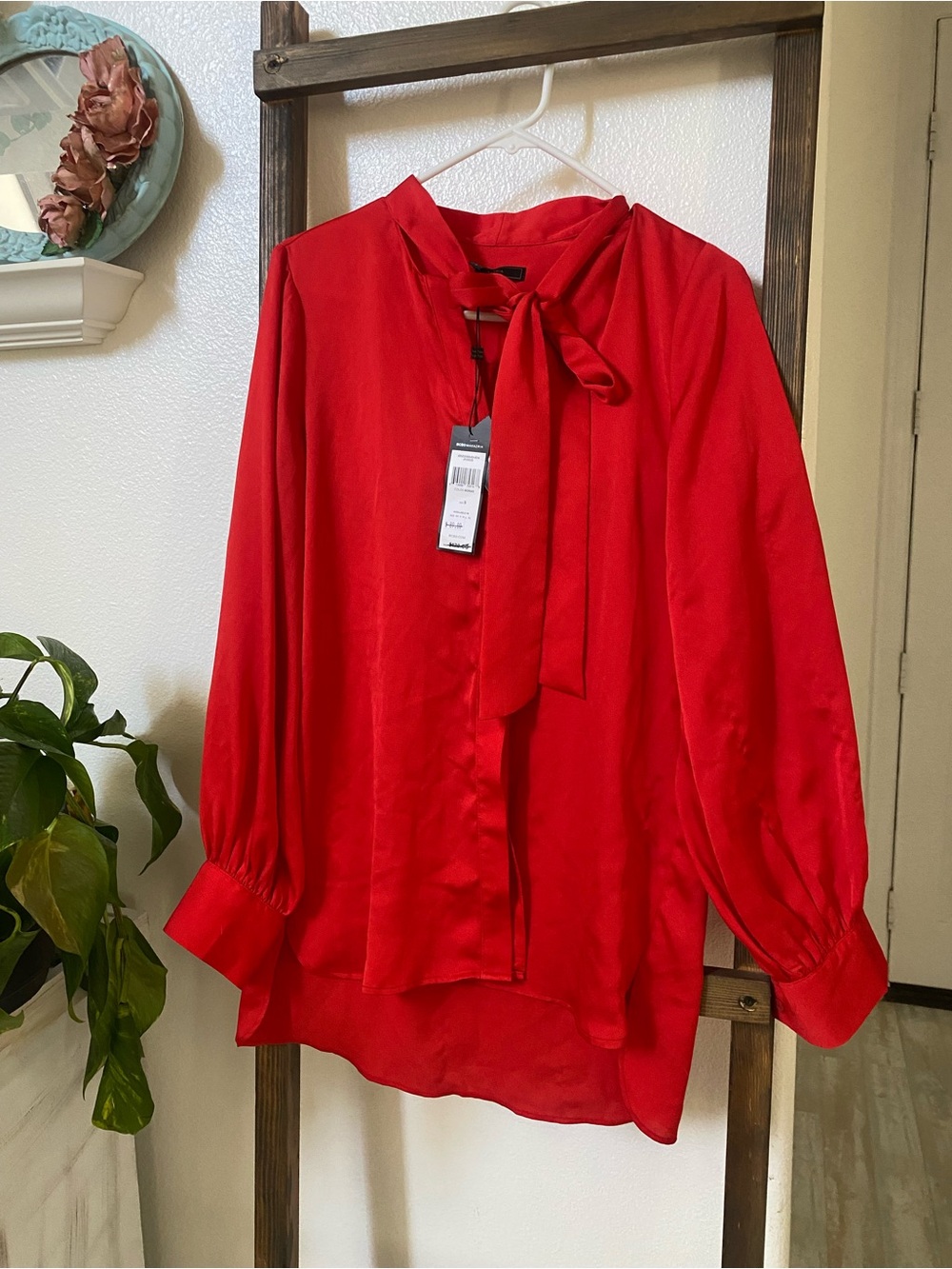 BCBGMaxAzria Red Tie-Neck Blouse with Balloon Sleeves